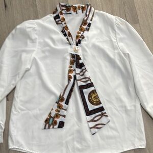 White Dress Shirt with Brown Patterned Scarf Detail
